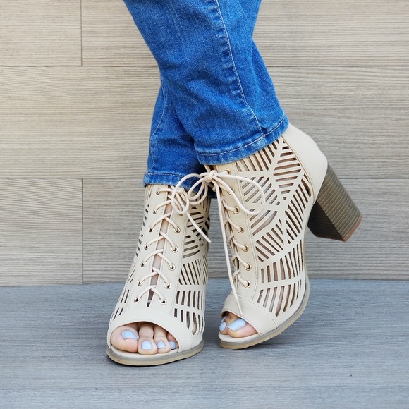 Open Toe Laced Up Spring Cut Out Ankle Booties - P - Picture 7 of 8